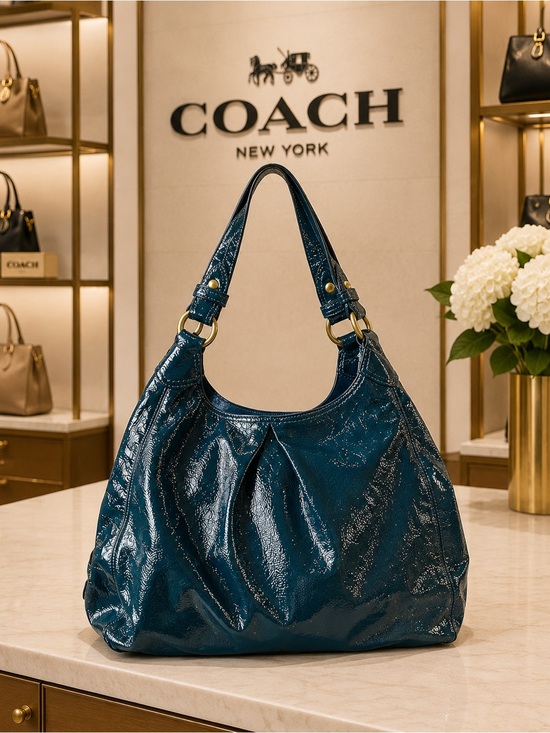 Coach Handbags - Coach Maggie Teal Blue Patent Leather Pleated Hobo Shoulder Bag 13900